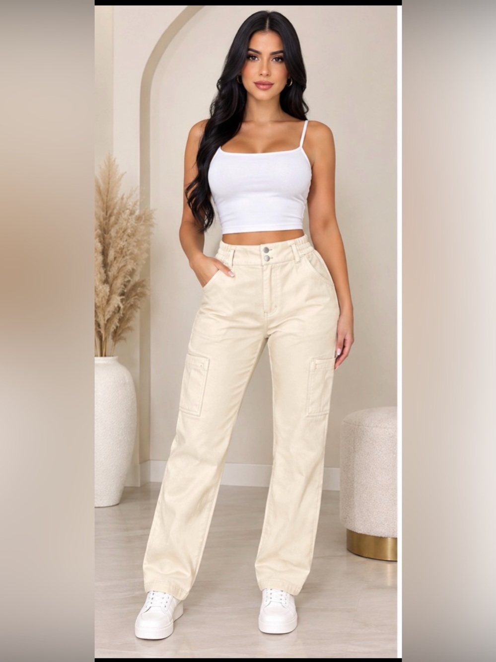 NWOT Shinestar Cream Faux Leather High Waist Cargo Pants L⁠🦋